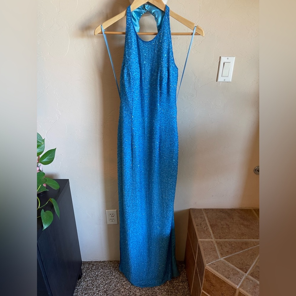 Scala Blue Beaded Sequined Formal Gown Size Small - image 1